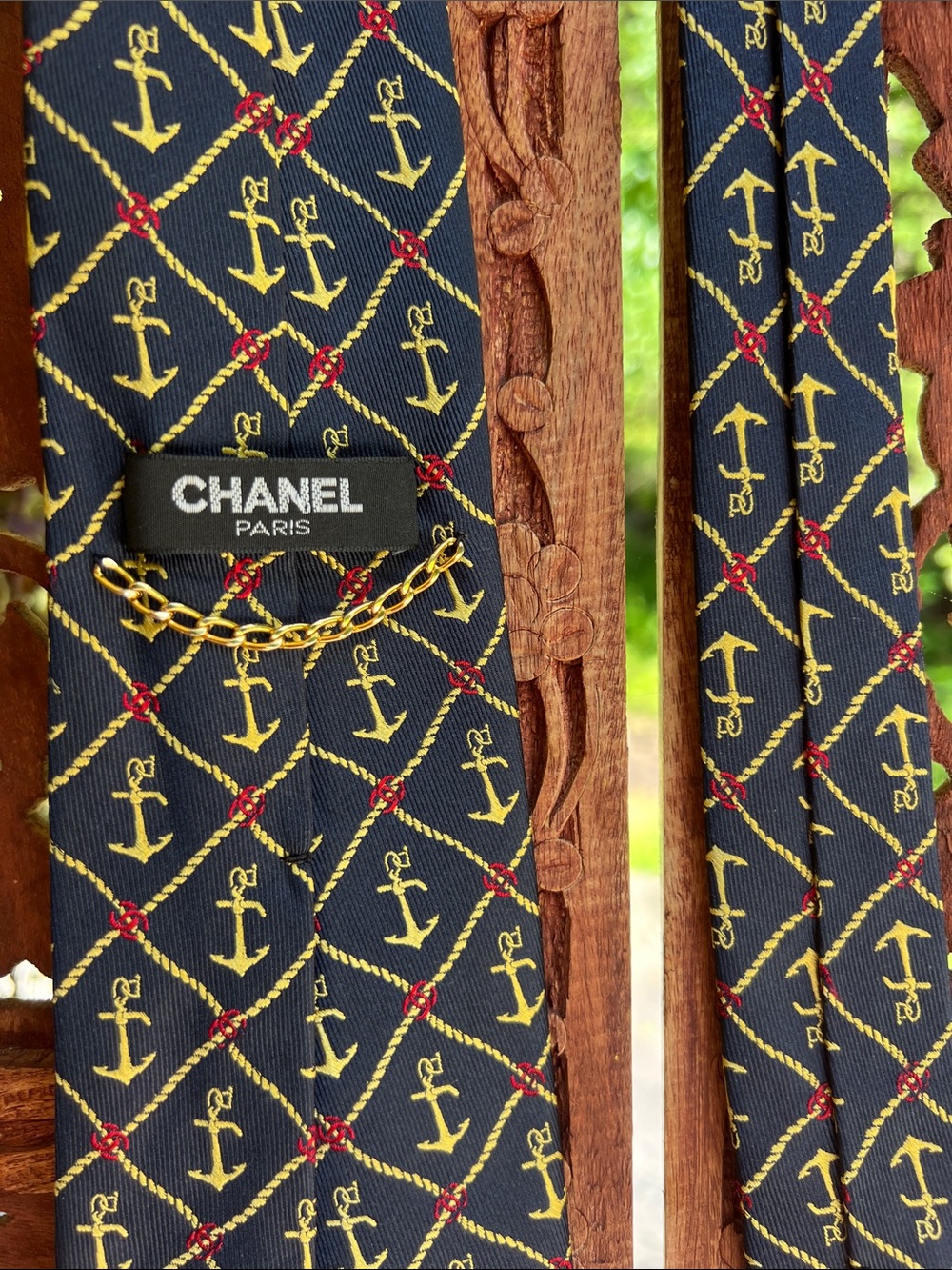 CHANEL Navy Tie with Gold Anchor and Red Accents